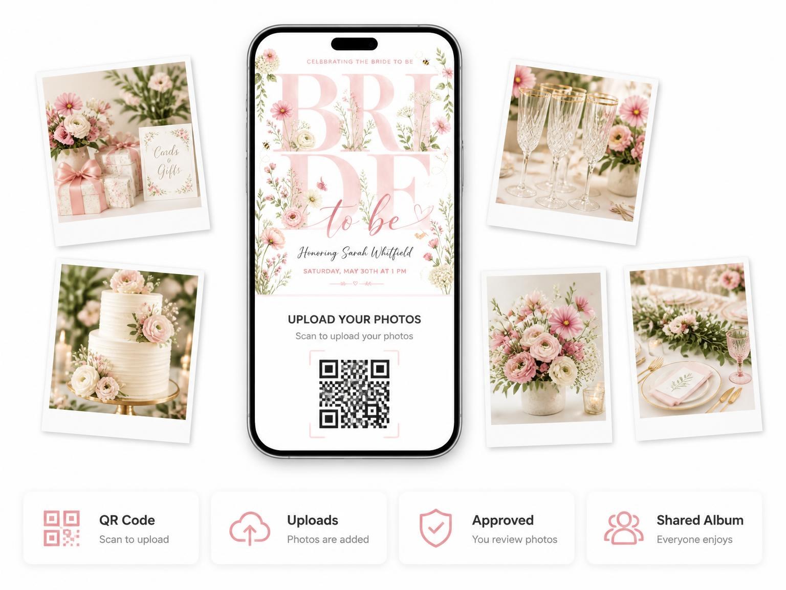 The shared photo gallery that comes with the Blush Floral Watercolor Bridal Shower invitation