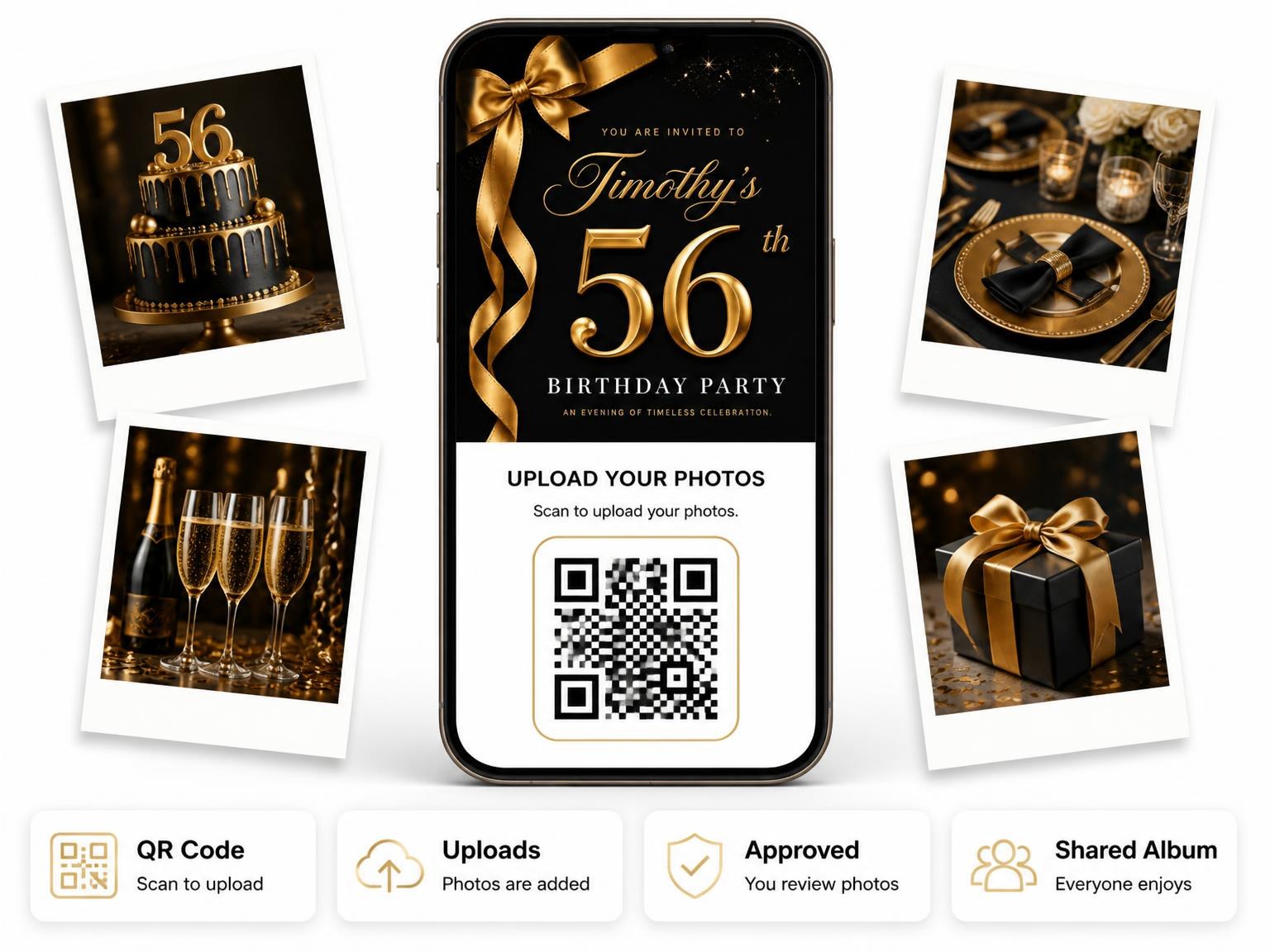 The shared photo gallery that comes with the Black and Gold Ribbon 56th Birthday invitation