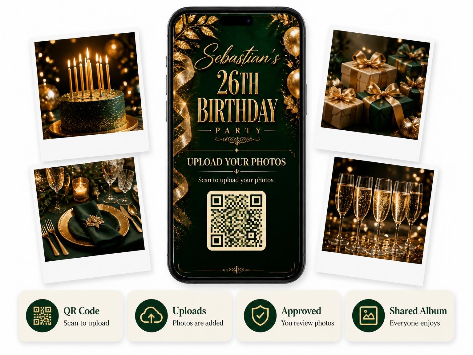 The shared photo gallery that comes with the Emerald and Champagne 26th Birthday Invitation invitation