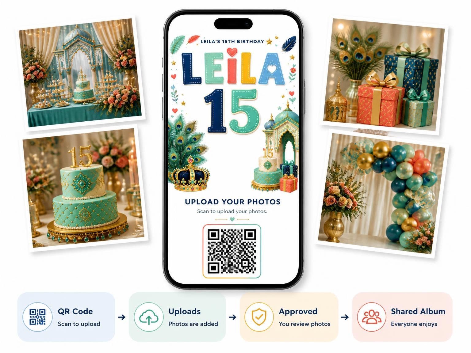 The shared photo gallery that comes with the Peacock Feathers 15th Birthday Party Invitation invitation