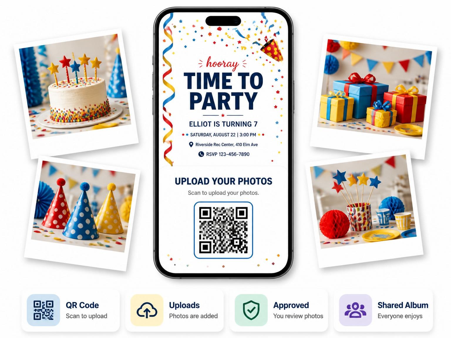 The shared photo gallery that comes with the Primary Color Confetti Birthday Invitation invitation