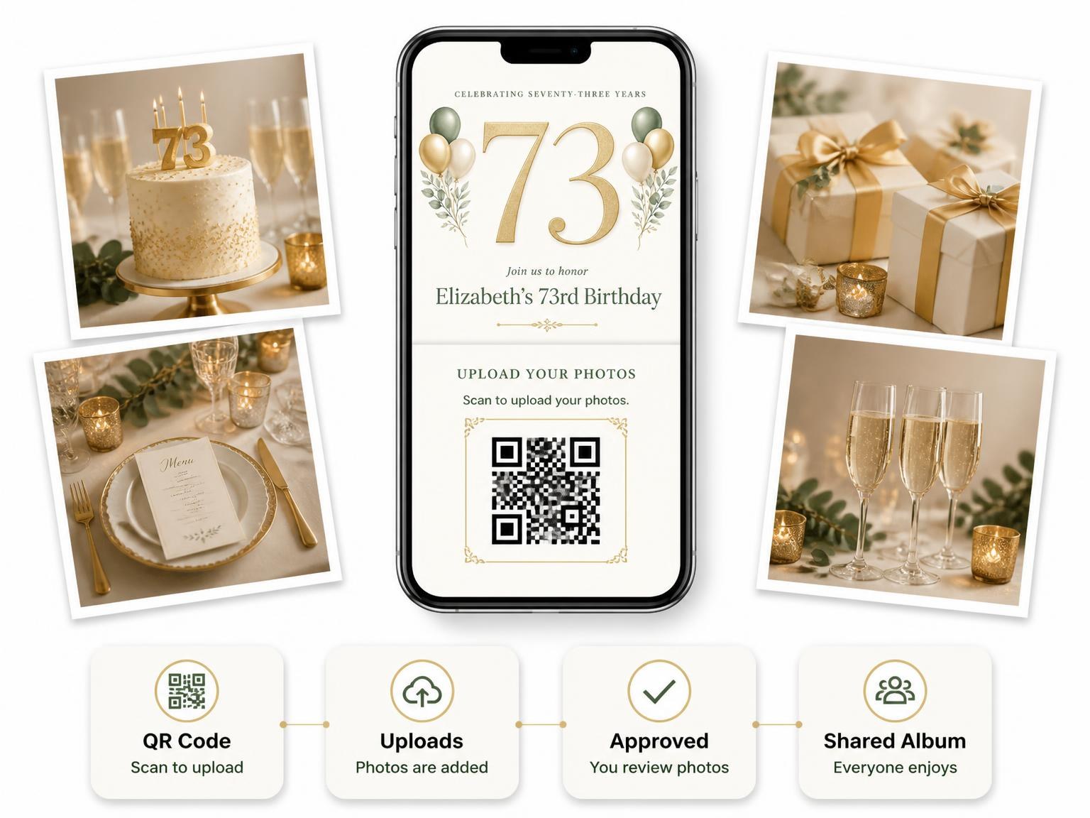The shared photo gallery that comes with the Sage and Ivory 73rd Birthday Invitation invitation