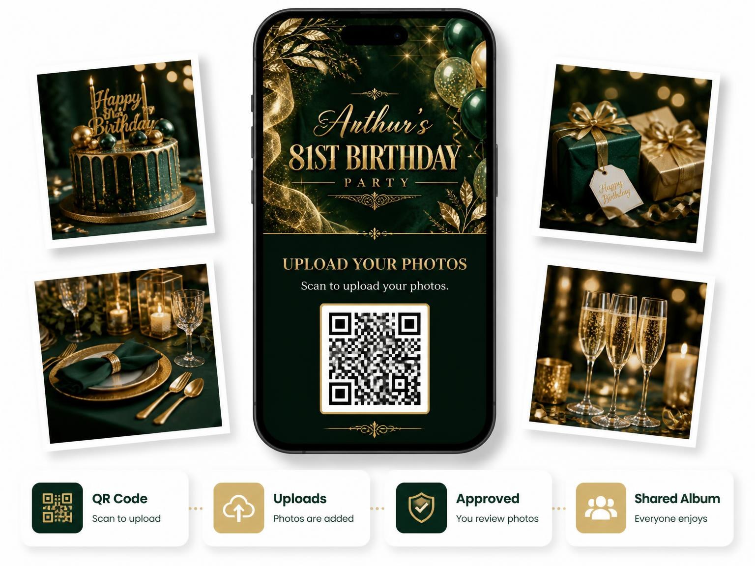 The shared photo gallery that comes with the Emerald and Champagne 81st Birthday Invitation invitation