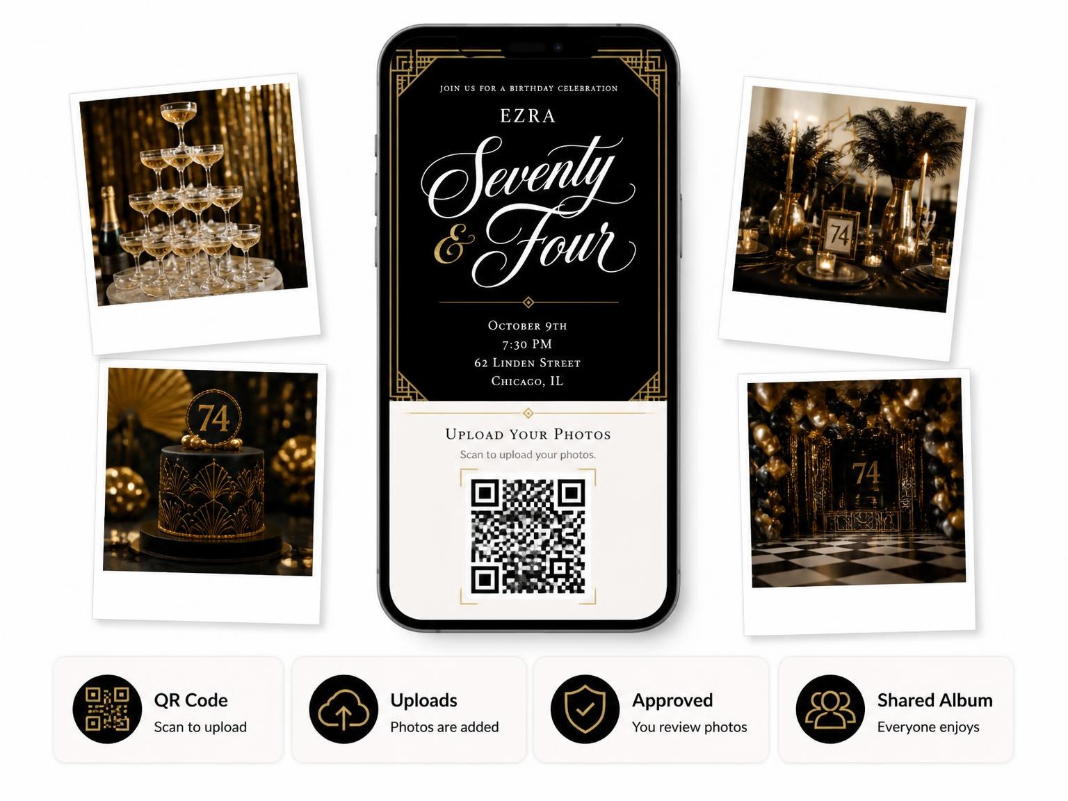 The shared photo gallery that comes with the Art Deco 74th Birthday Invitation invitation