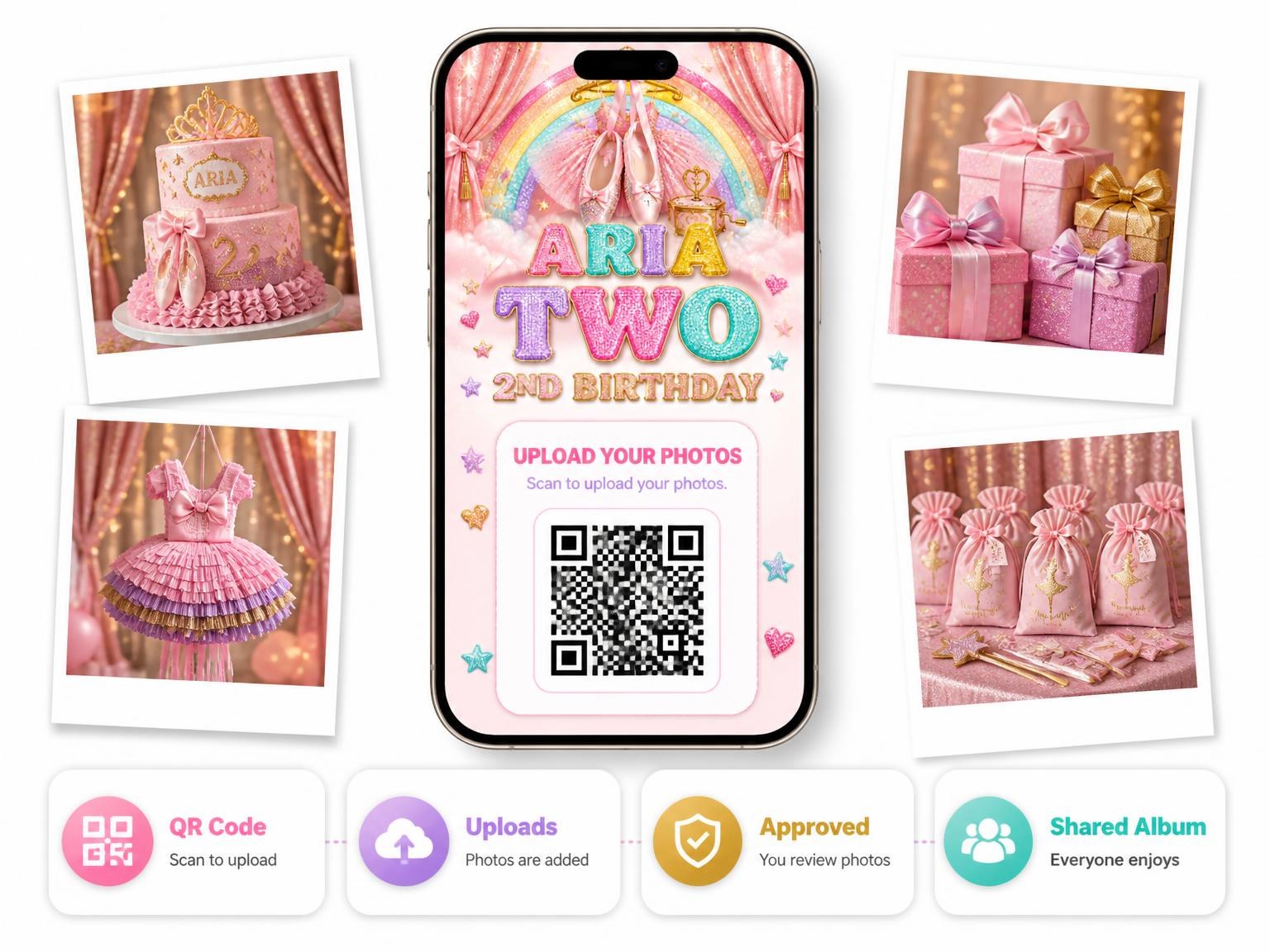 The shared photo gallery that comes with the Glitter Ballet 2nd Birthday Invitation invitation