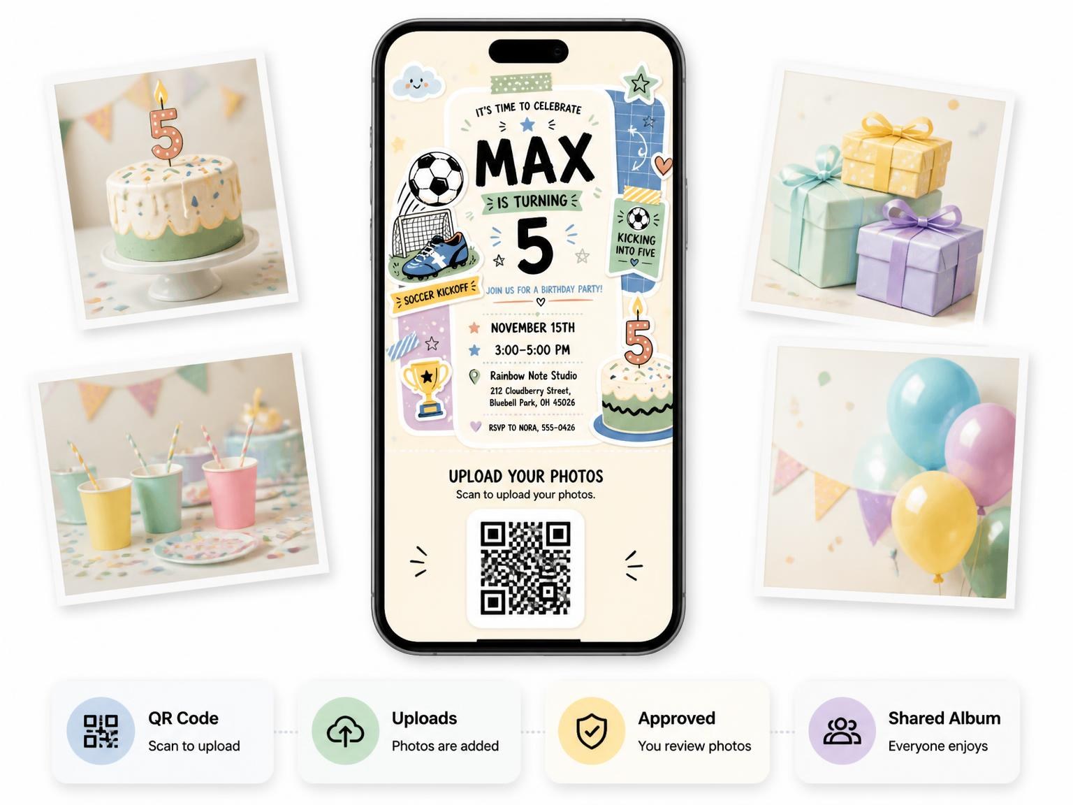 The shared photo gallery that comes with the Pastel Soccer Ball 5th Birthday Invitation invitation