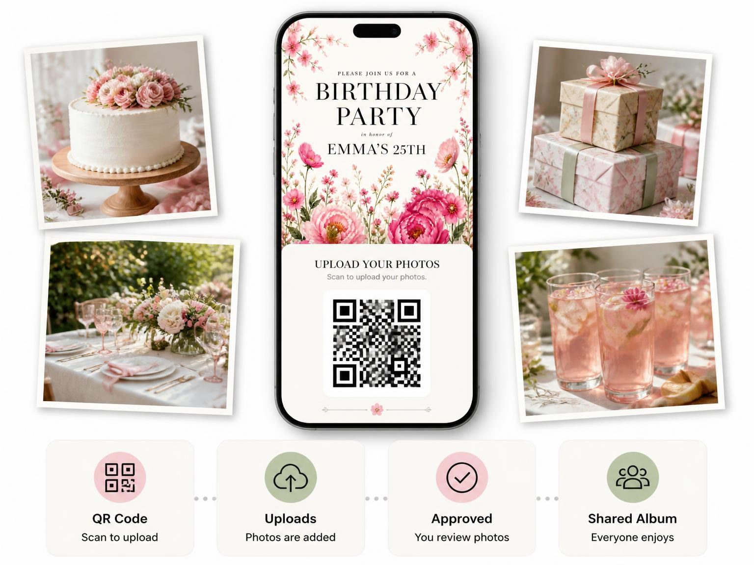 The shared photo gallery that comes with the Fuchsia Floral Garden 25th Birthday Invitation invitation