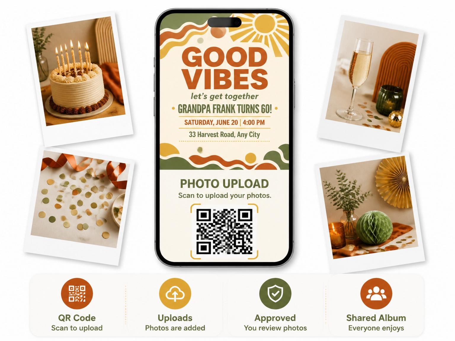 The shared photo gallery that comes with the Earth Tone Sun 60th Birthday invitation