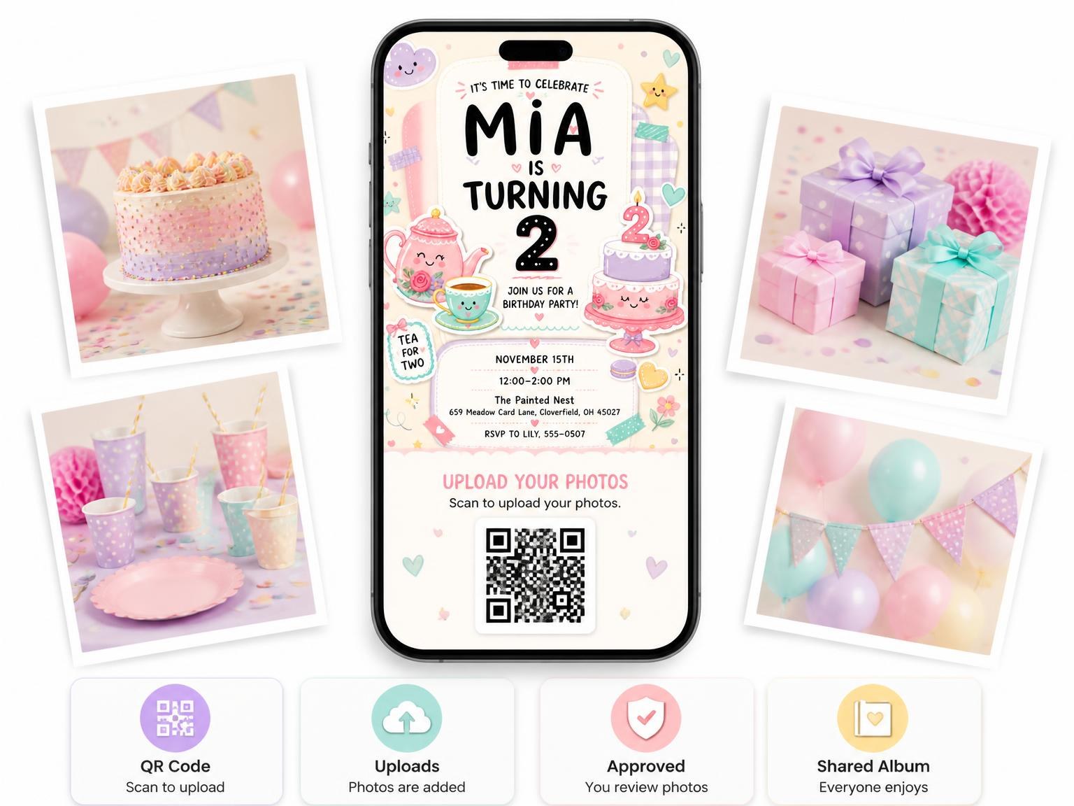 The shared photo gallery that comes with the Teapot Pastel Scrapbook 2nd Birthday Invitation invitation