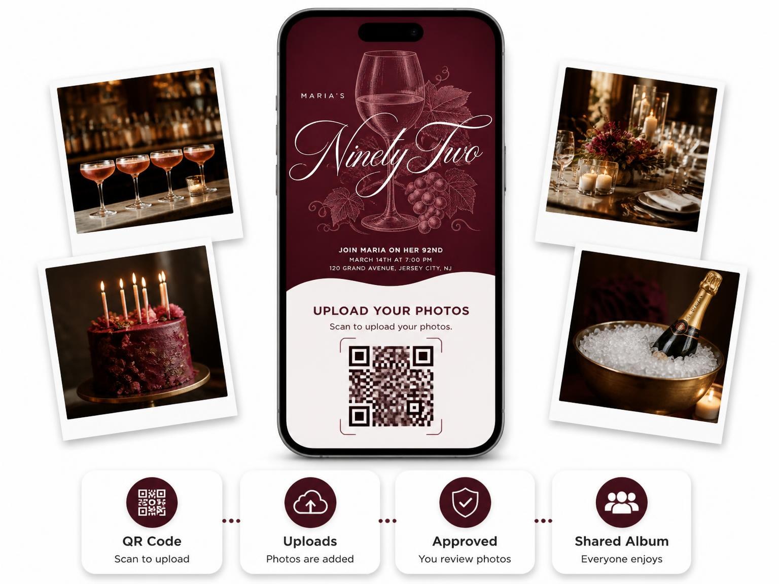 The shared photo gallery that comes with the Burgundy Cocktail 92nd Birthday Invitation invitation