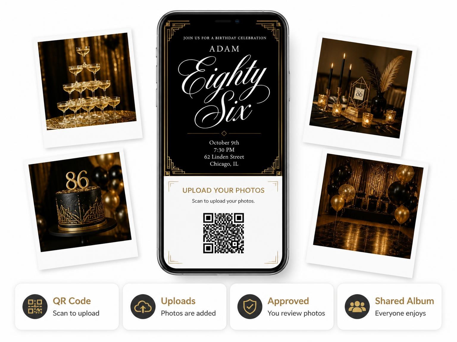 The shared photo gallery that comes with the Art Deco 86th Birthday Invitation invitation