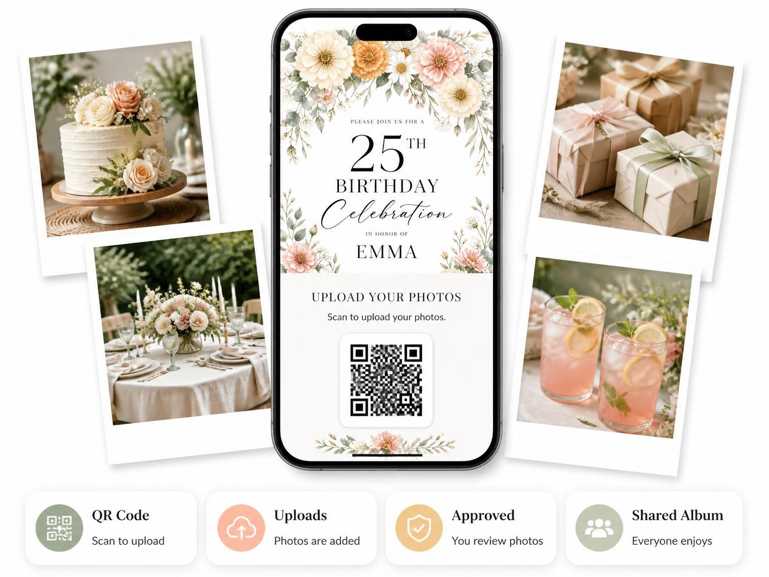 The shared photo gallery that comes with the Botanical Floral Ivory 25th Birthday Invitation invitation