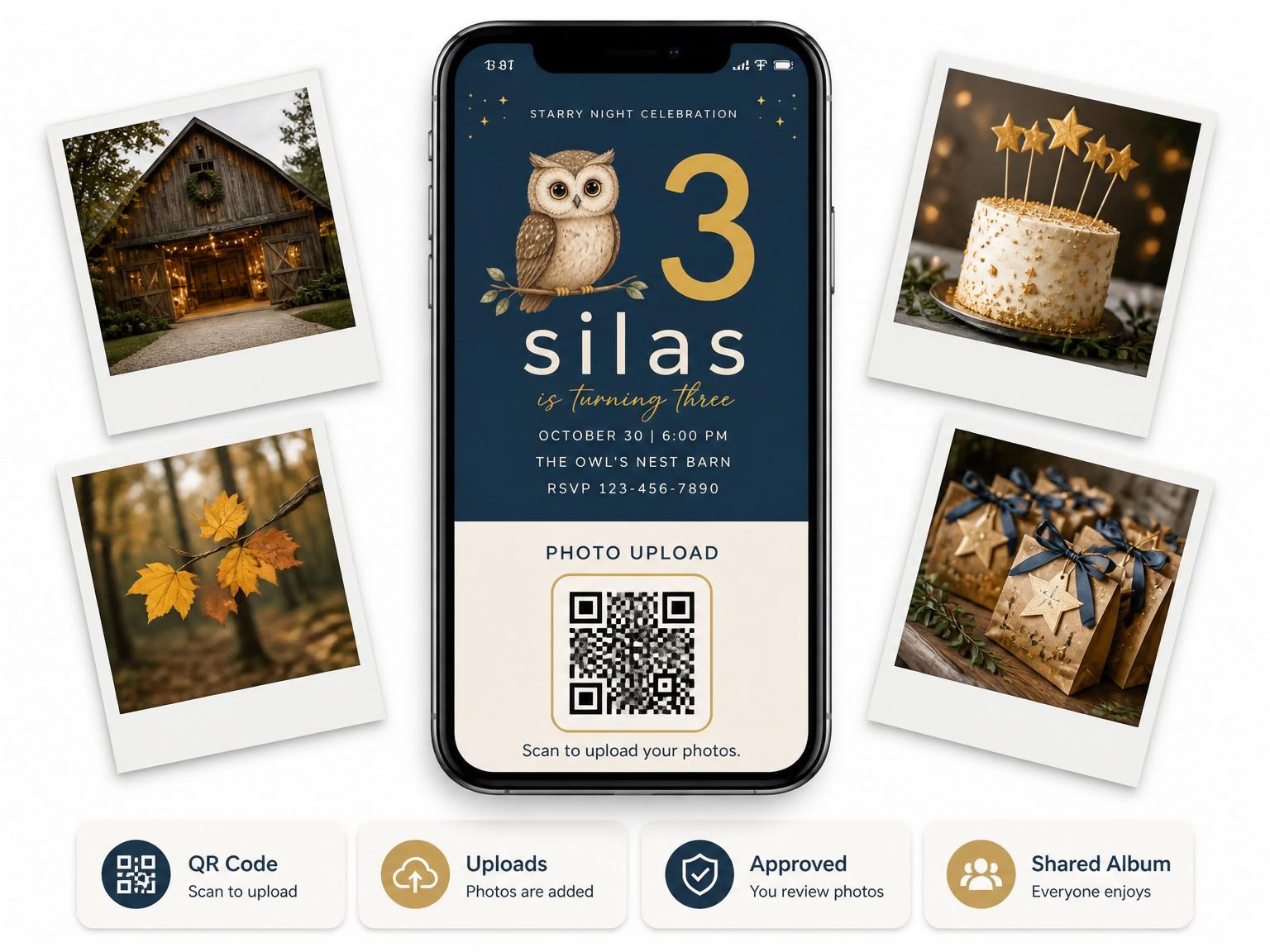 The shared photo gallery that comes with the Navy Starry Owl 3rd Birthday invitation