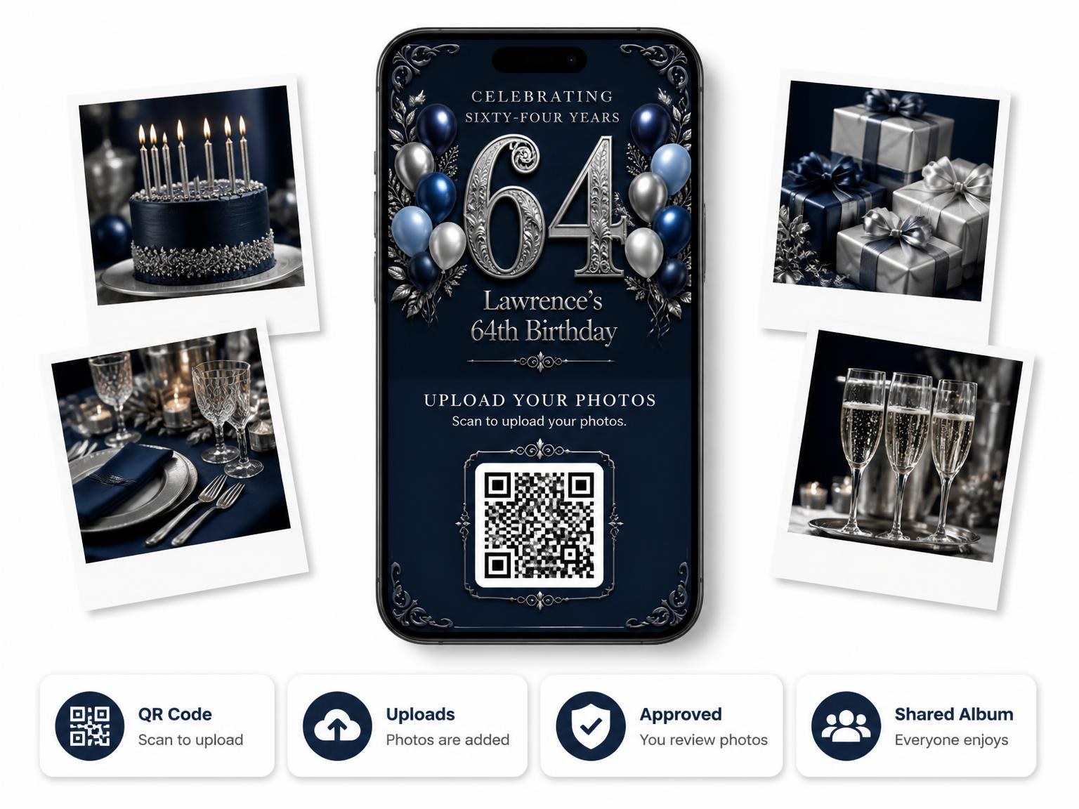 The shared photo gallery that comes with the Navy and Silver 64th Birthday Invitation invitation
