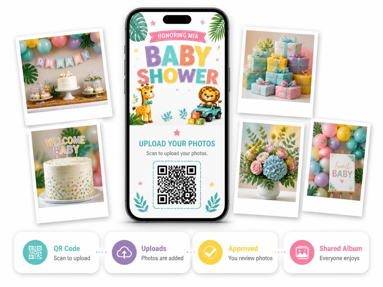 The shared photo gallery that comes with the Tropical Monstera Baby Shower Invitation invitation