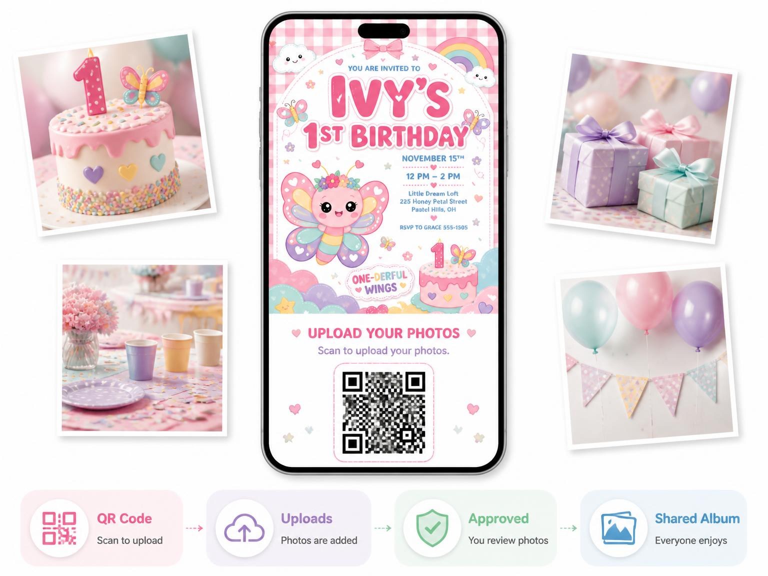 The shared photo gallery that comes with the Kawaii Butterfly 1st Birthday Invitation invitation