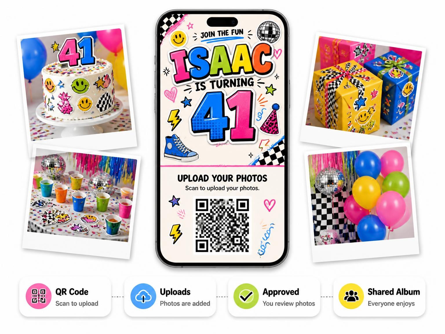 The shared photo gallery that comes with the Sticker Pop 41st Birthday Invitation invitation