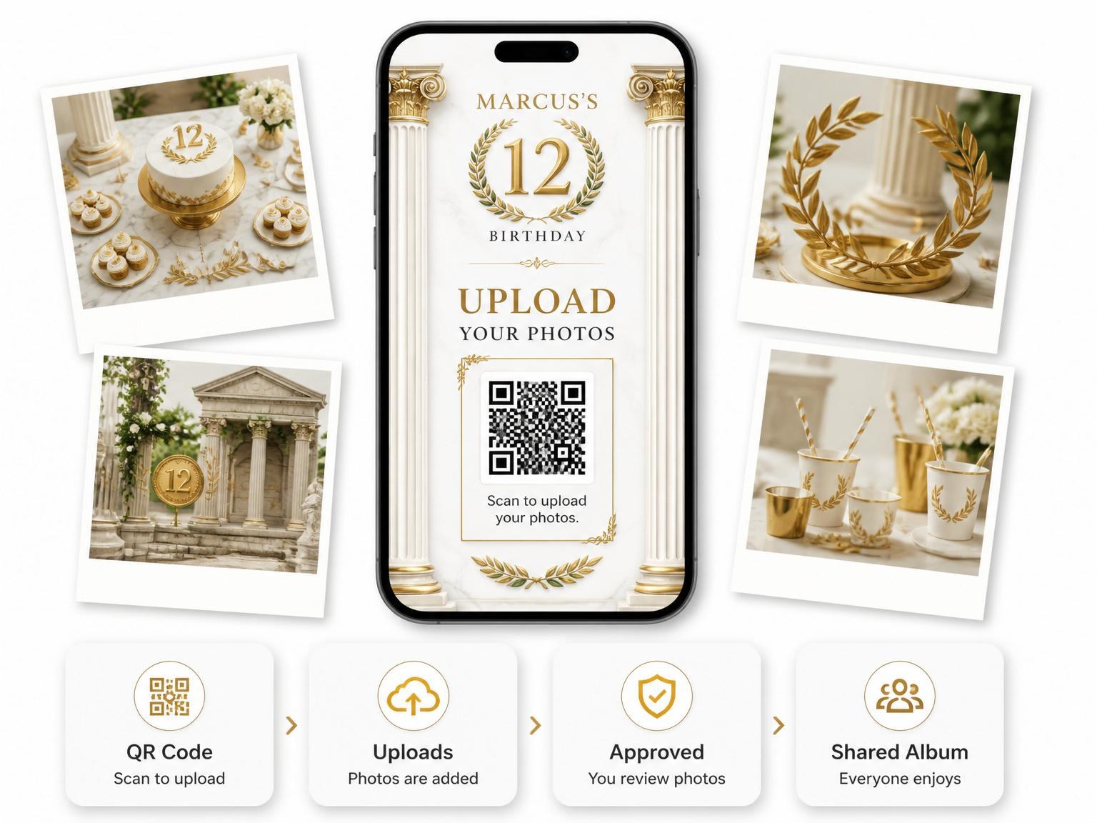 The shared photo gallery that comes with the Roman Coliseum Laurel Wreath 12th Birthday invitation