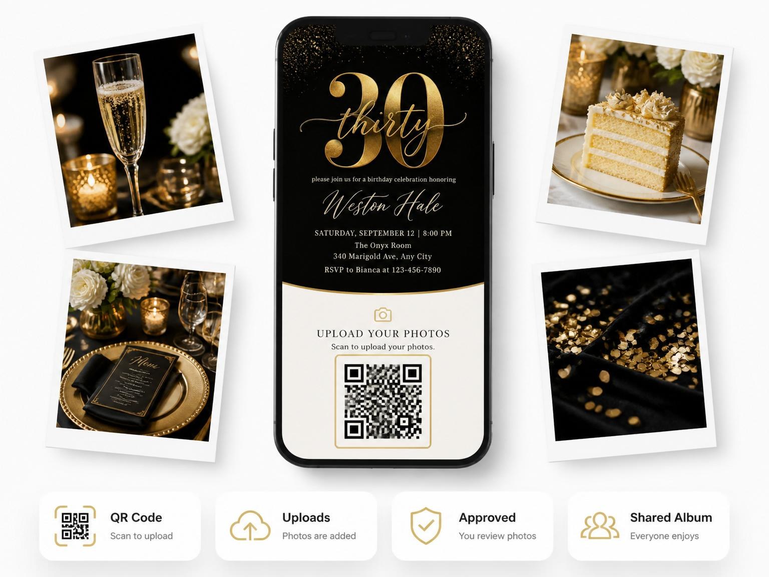 The shared photo gallery that comes with the Gold Foil 30th Birthday Invitation invitation