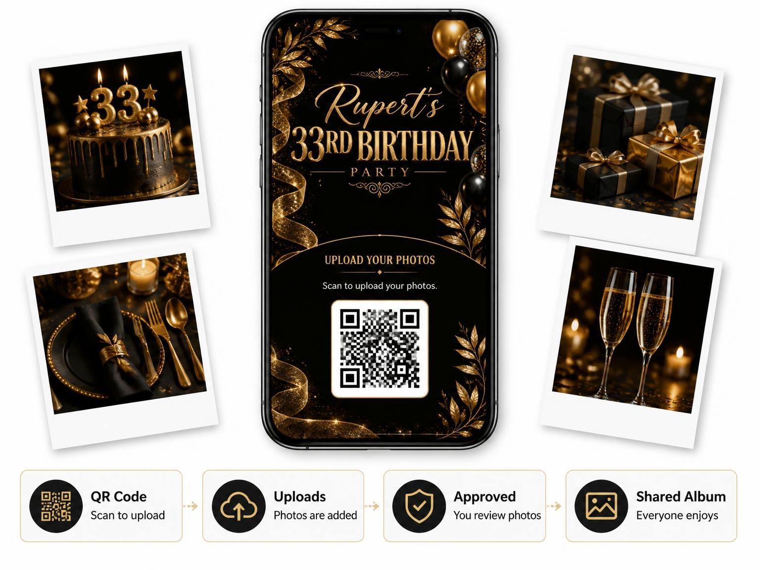 The shared photo gallery that comes with the Black and Gold 33rd Birthday Invitation invitation