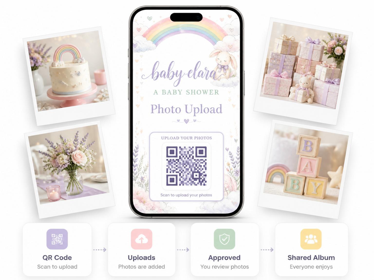 The shared photo gallery that comes with the Watercolor Bunny Rainbow Baby Shower invitation