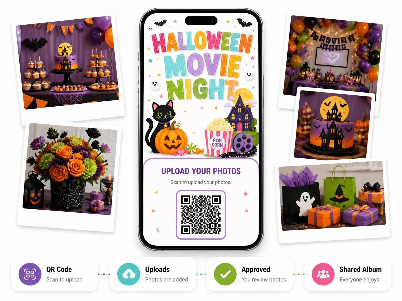 The shared photo gallery that comes with the Black Cat Halloween Movie Night Invitation invitation