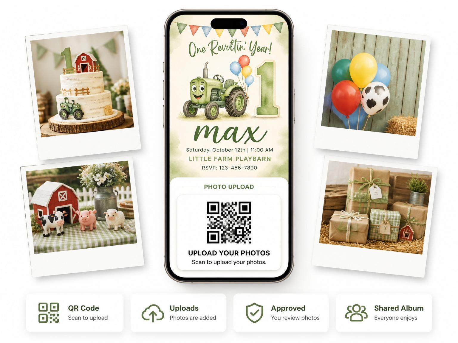 The shared photo gallery that comes with the Watercolor Tractor Farm 1st Birthday invitation
