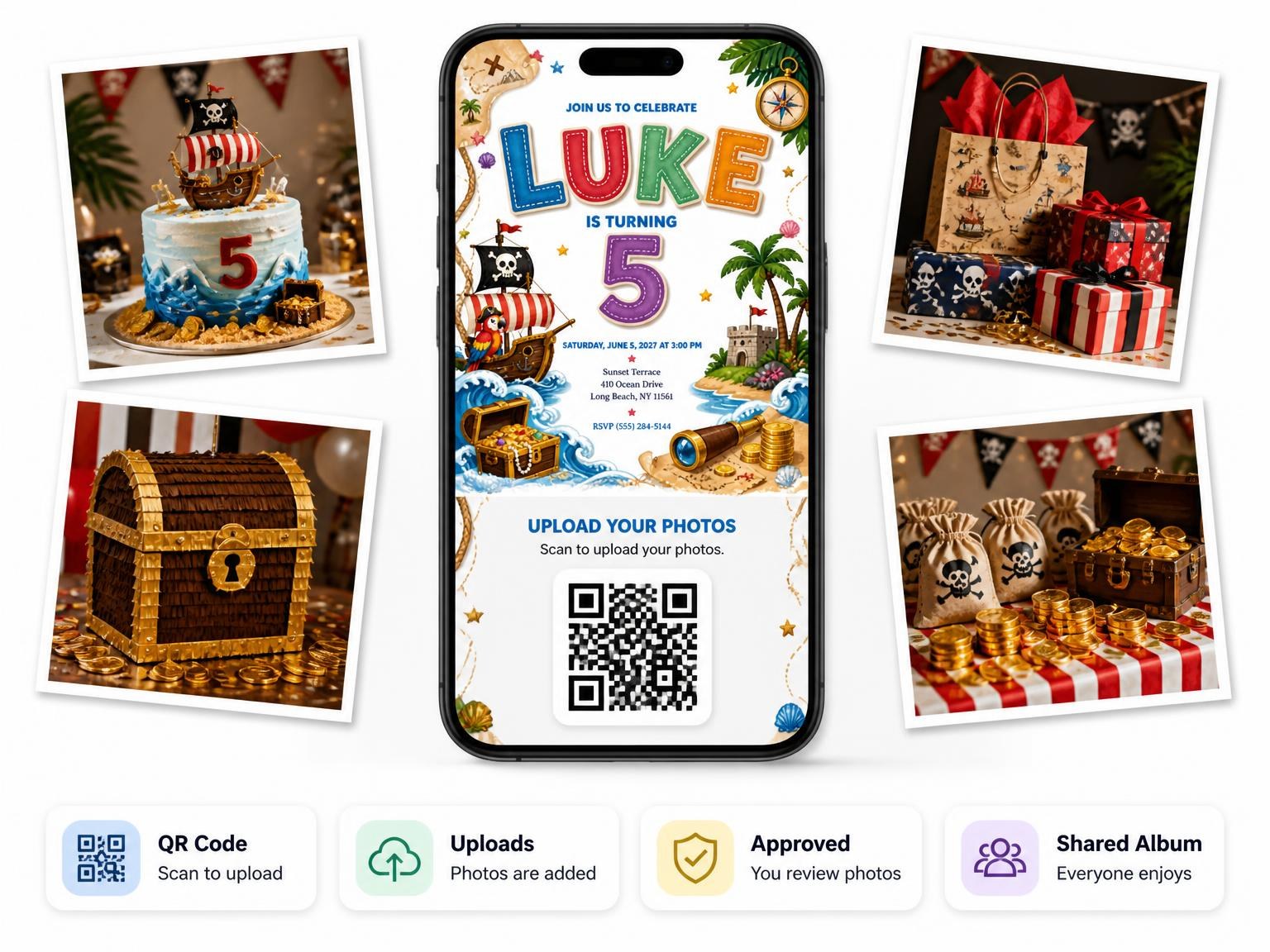 The shared photo gallery that comes with the Pirate Adventure 5th Birthday Invitation invitation
