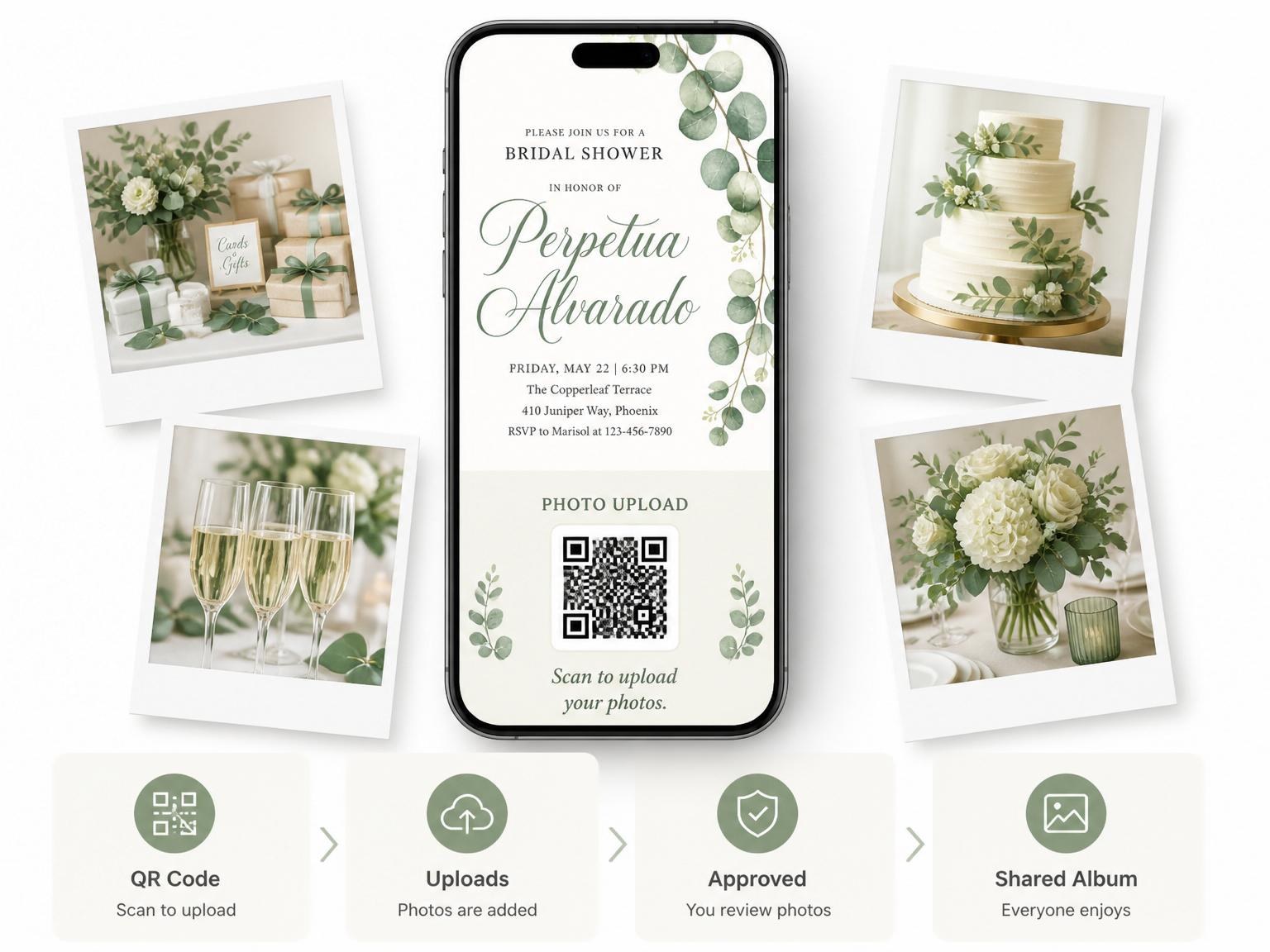 The shared photo gallery that comes with the Cream Watercolor Eucalyptus Bridal Shower invitation