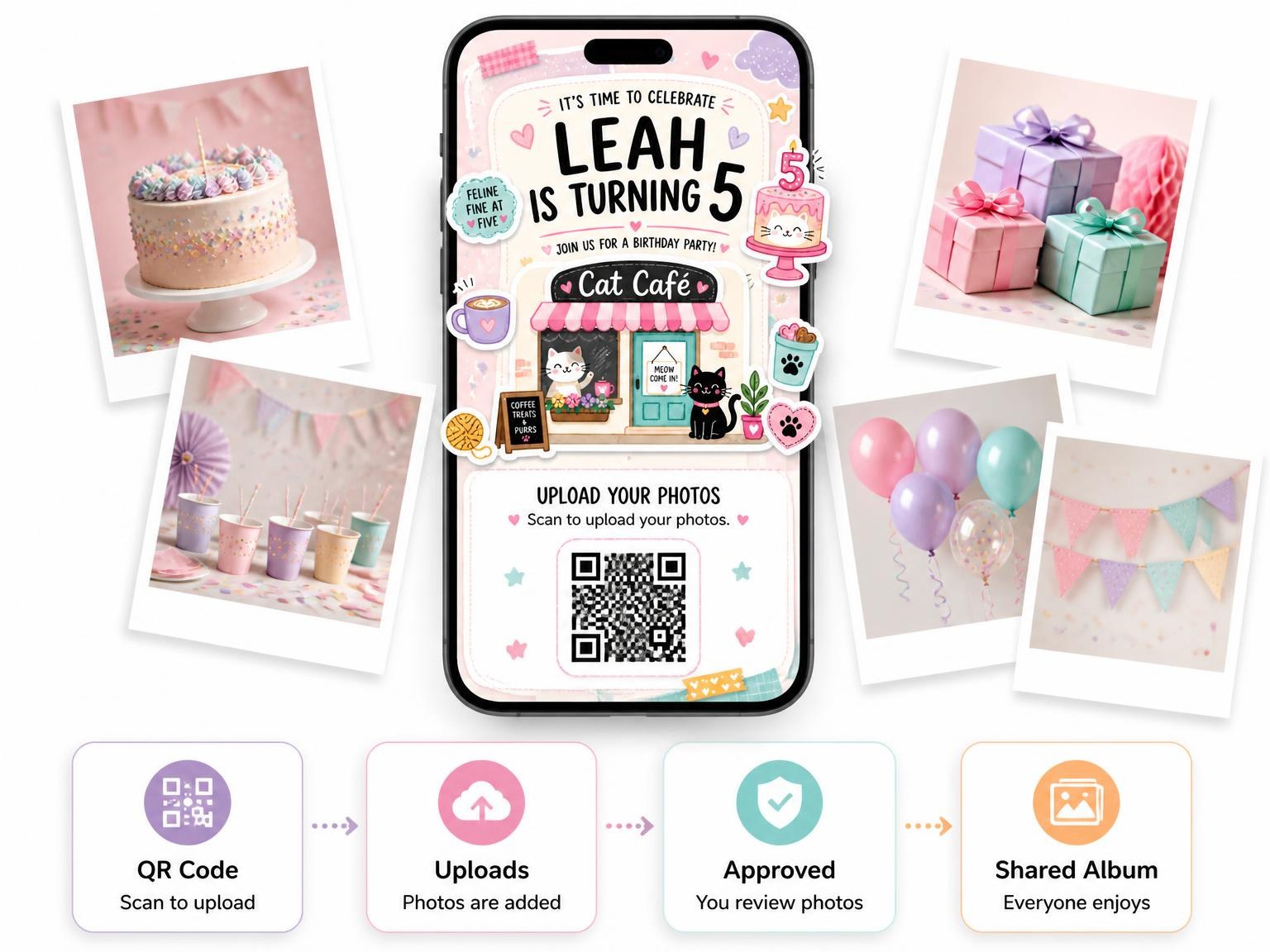 The shared photo gallery that comes with the Pastel Cat Cafe Storefront 5th Birthday Invitation invitation