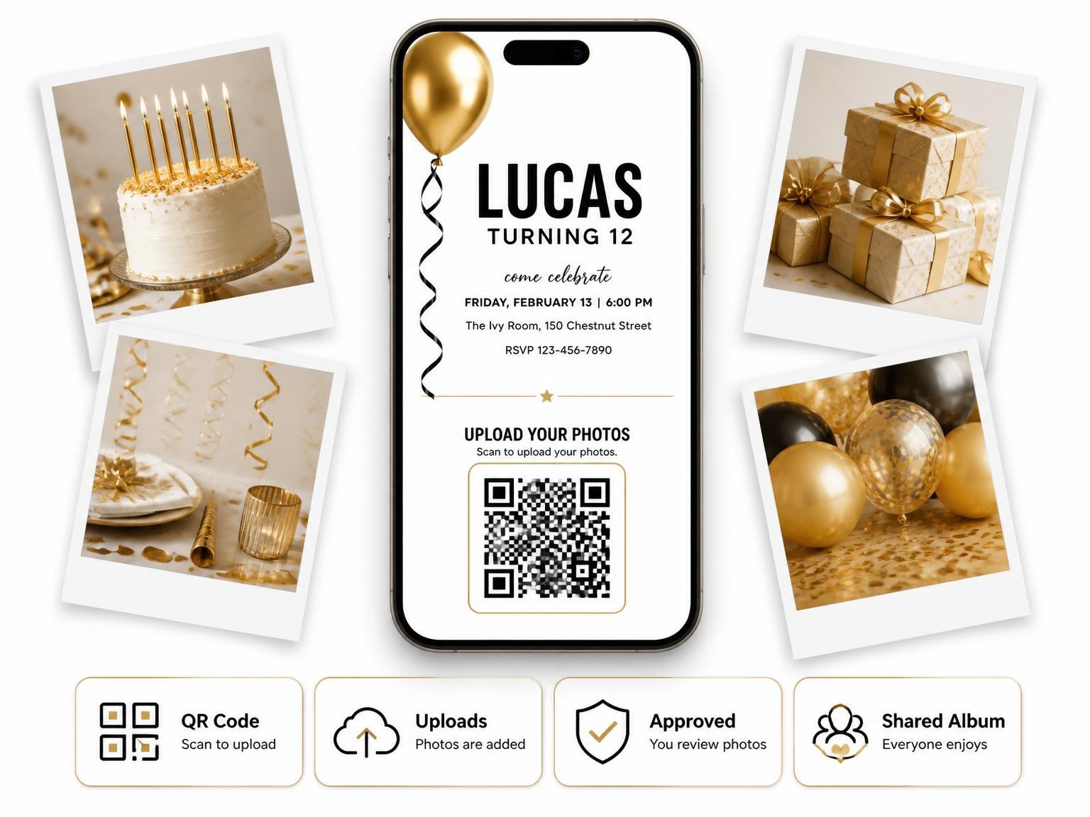 The shared photo gallery that comes with the Metallic Gold Balloon 12th Birthday Invitation invitation