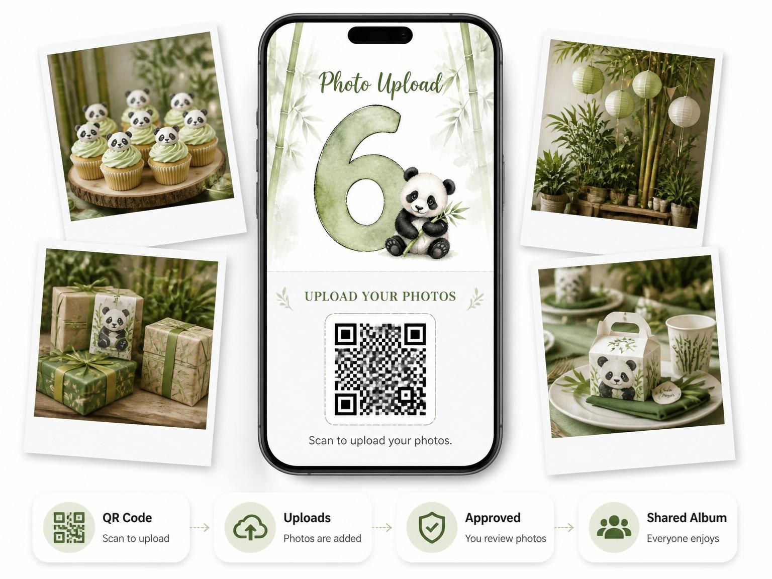The shared photo gallery that comes with the Watercolor Panda Bamboo Forest 6th Birthday invitation