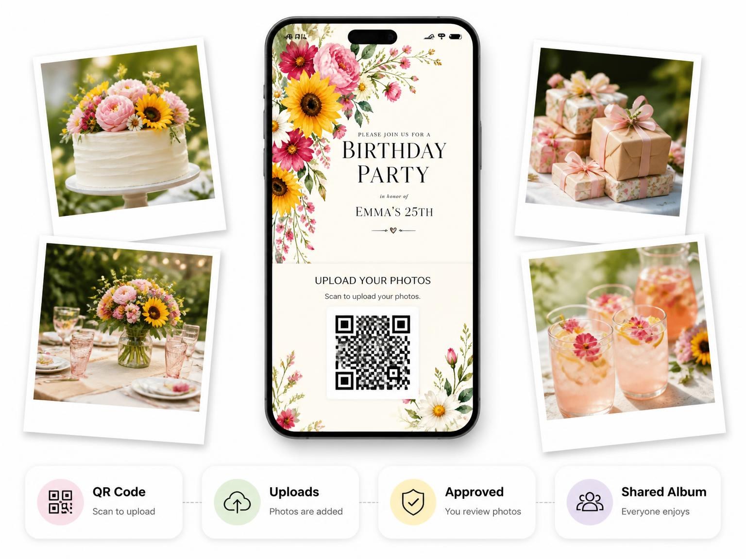 The shared photo gallery that comes with the Fuchsia Botanical 25th Birthday Invitation invitation