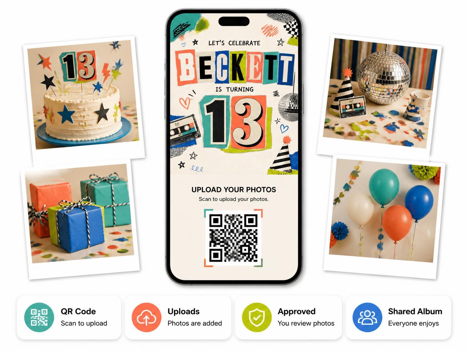 The shared photo gallery that comes with the Retro Paper Collage 13th Birthday Invitation invitation