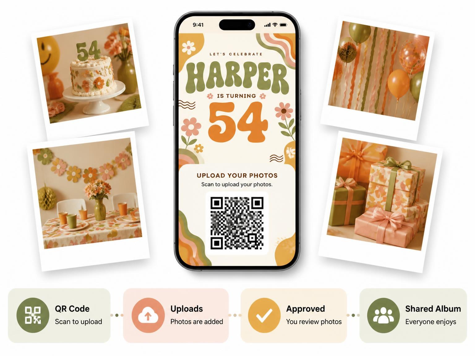 The shared photo gallery that comes with the Groovy Retro 54th Birthday Invitation invitation