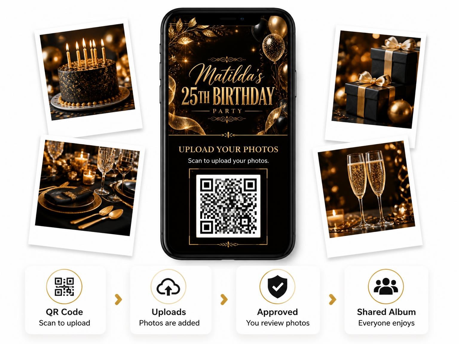 The shared photo gallery that comes with the Gold Ribbon and Foliage 25th Birthday Invitation invitation