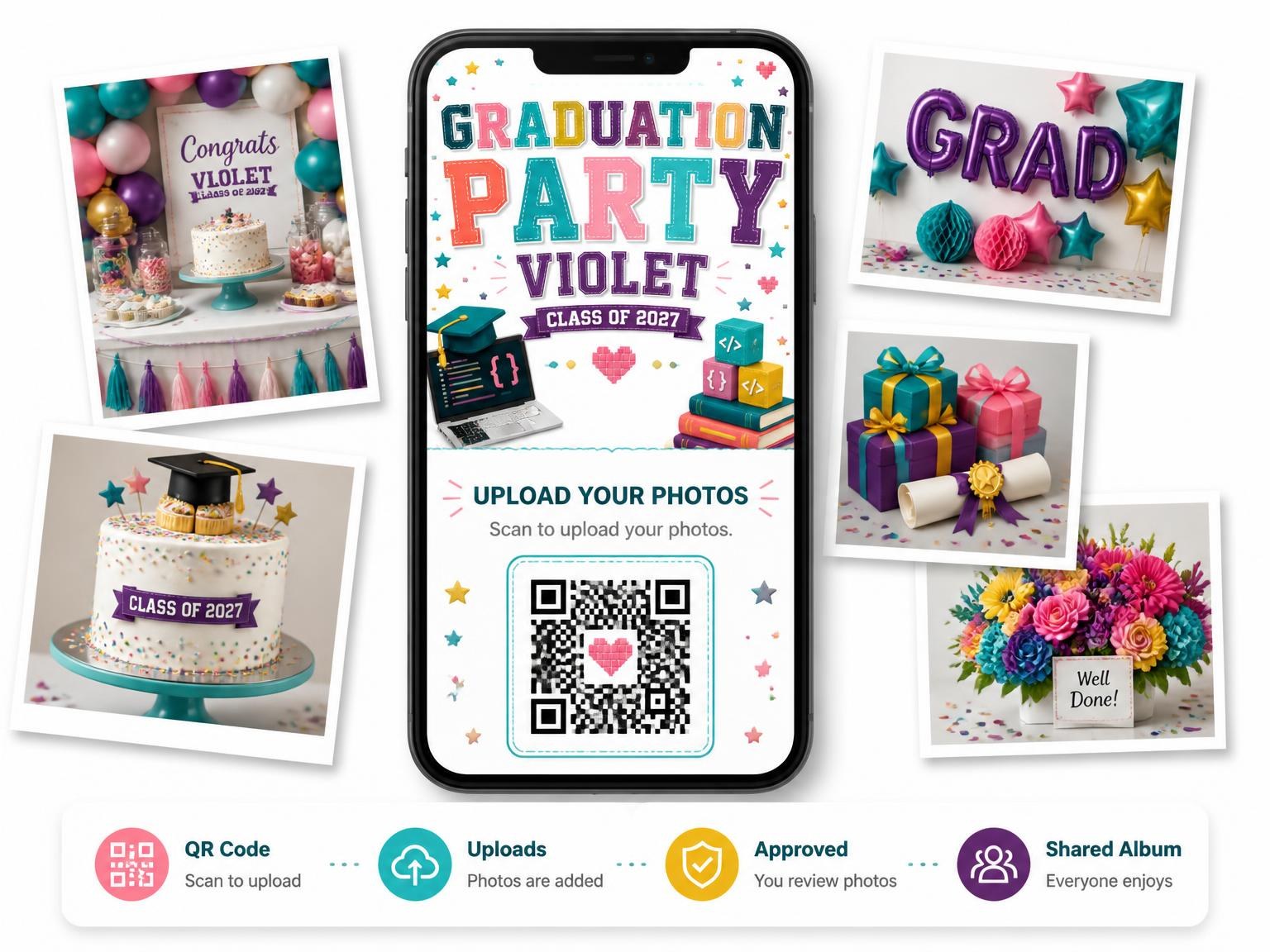 The shared photo gallery that comes with the Book Stack Graduation Party Invitation invitation