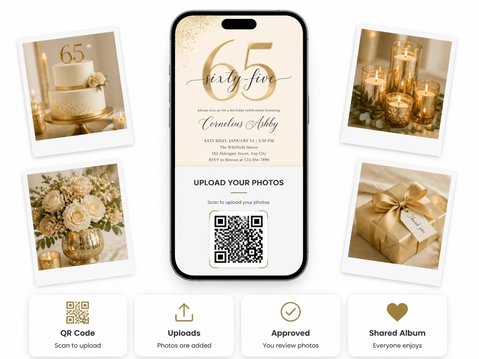 The shared photo gallery that comes with the Elegant 65th Birthday invitation