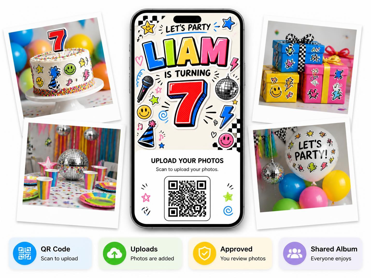 The shared photo gallery that comes with the Sticker Pop 7th Birthday Invitation invitation
