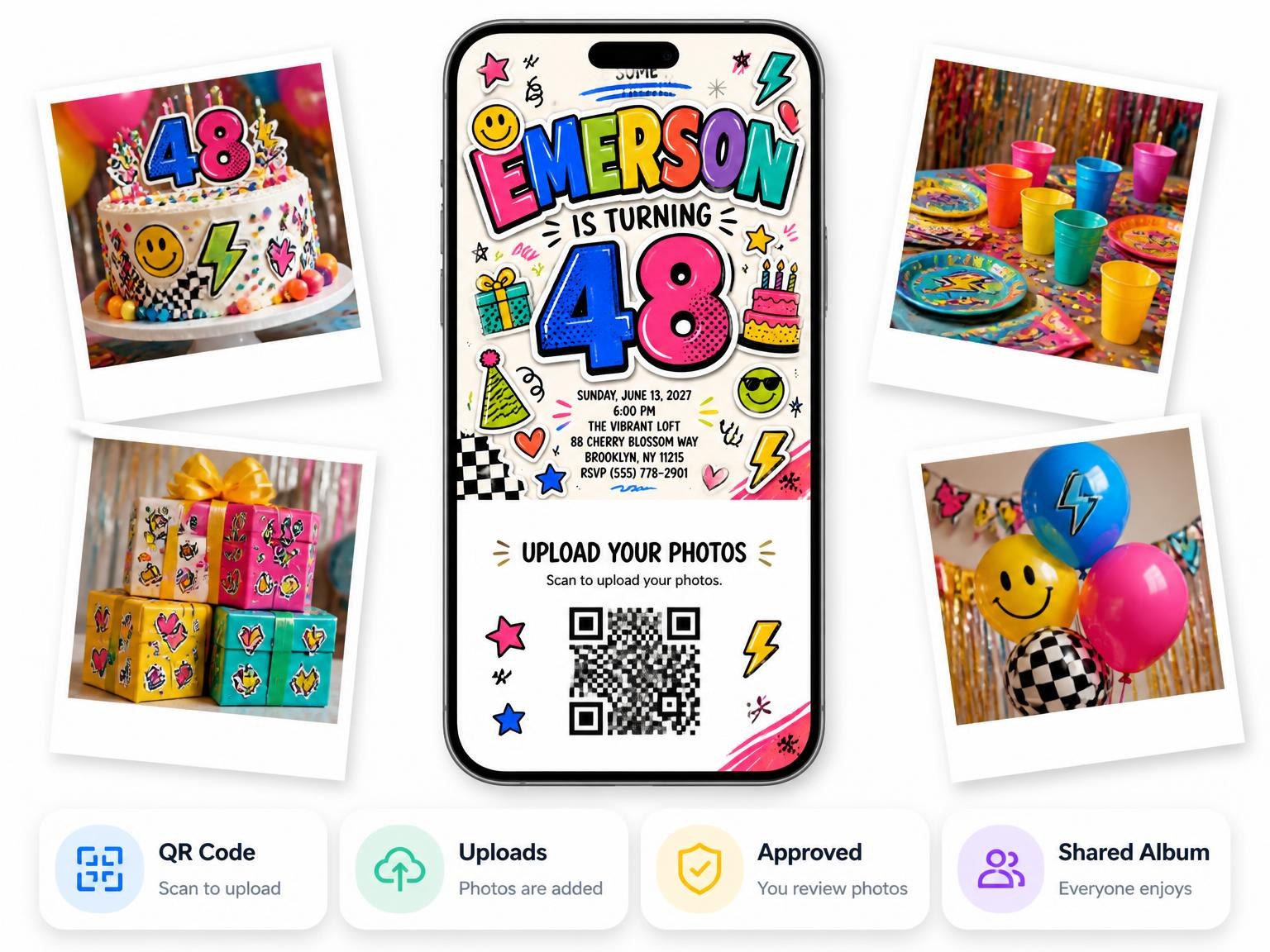 The shared photo gallery that comes with the Sticker Pop 48th Birthday Invitation invitation