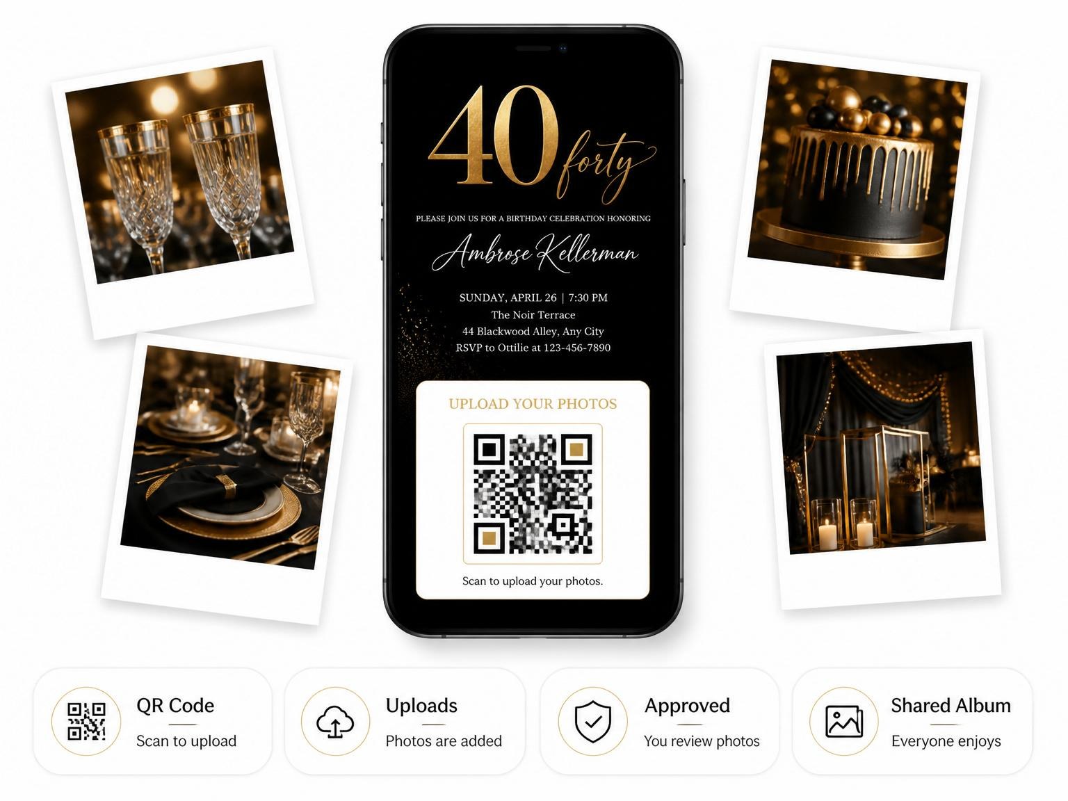 The shared photo gallery that comes with the Gold Foil Black 40th Birthday invitation