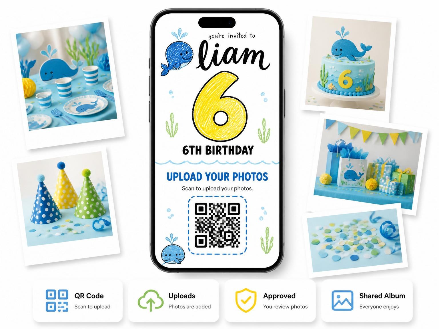 The shared photo gallery that comes with the Crayon Blue Whale 6th Birthday Invitation invitation