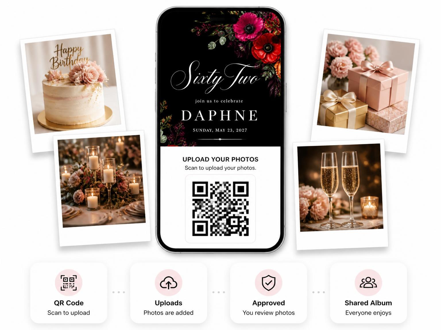 The shared photo gallery that comes with the Black Floral 62nd Birthday Invitation invitation