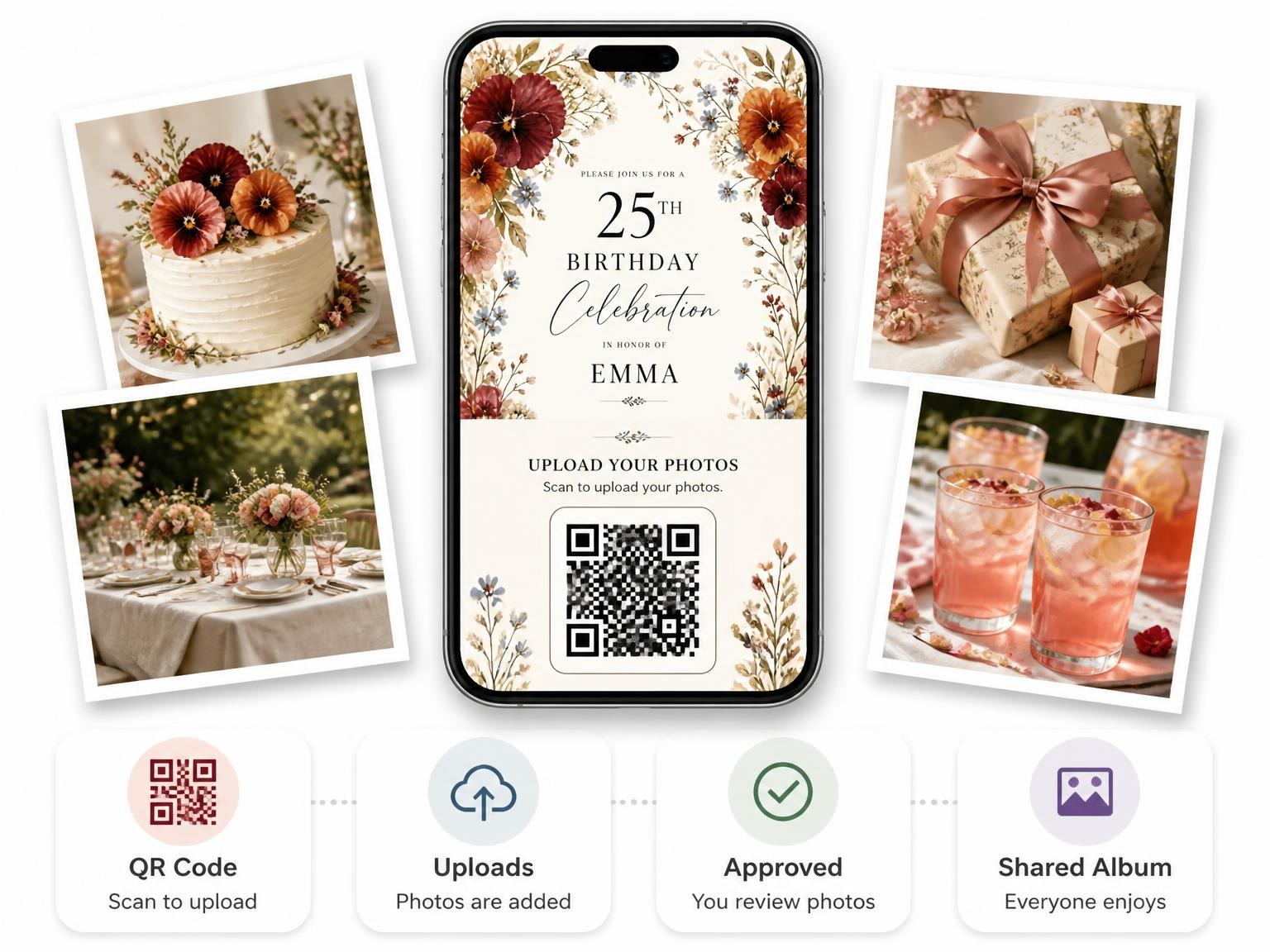 The shared photo gallery that comes with the Pansy Wildflower Autumn 25th Birthday Invitation invitation