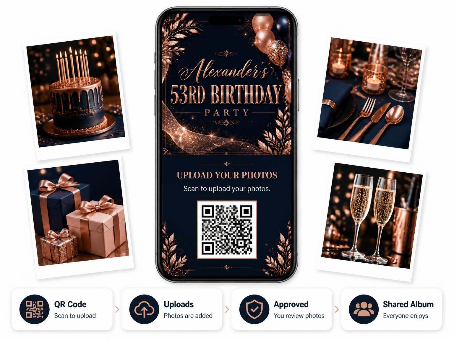 The shared photo gallery that comes with the Navy and Rose Gold 53rd Birthday Invitation invitation