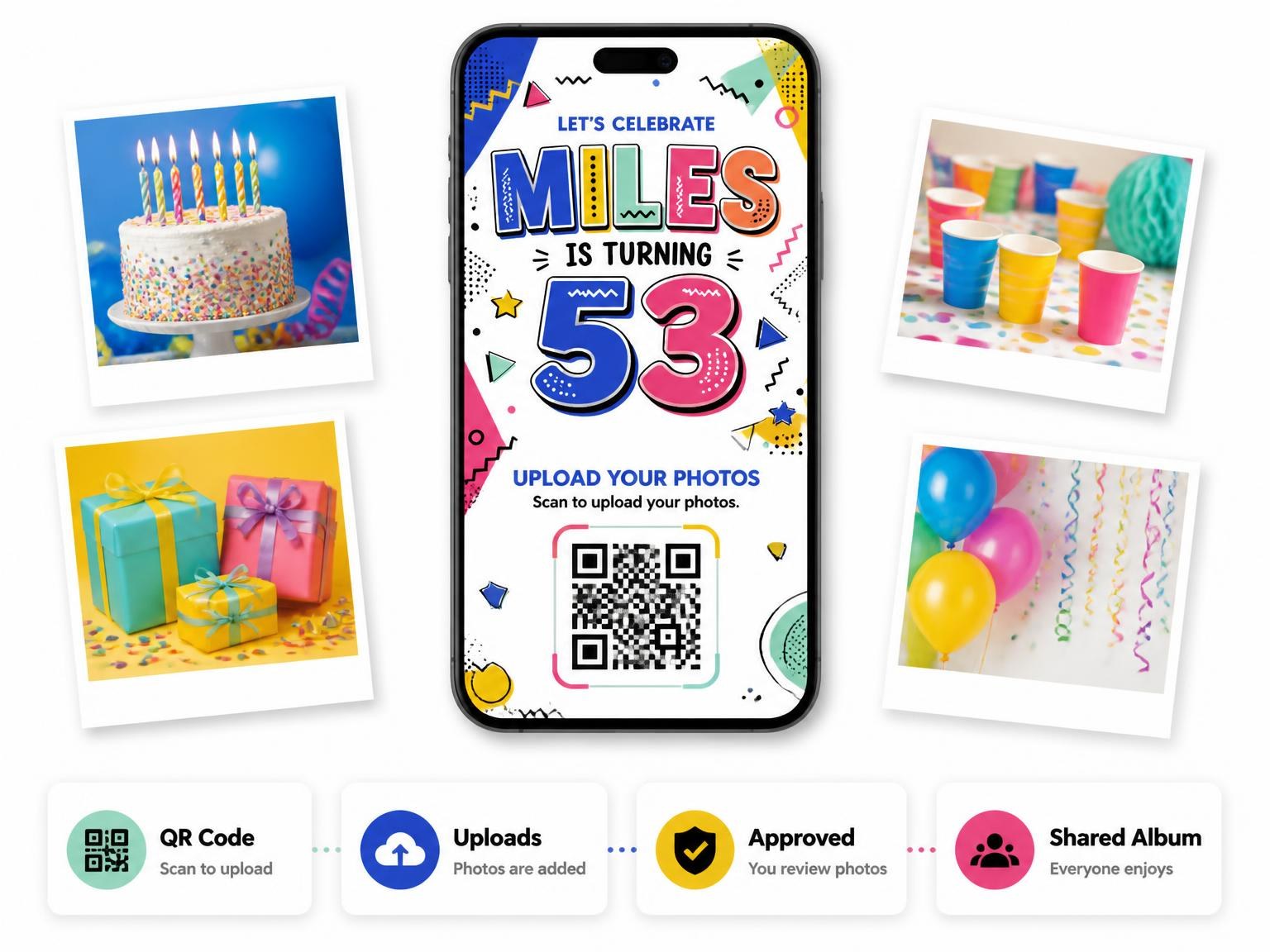 The shared photo gallery that comes with the Memphis Pop 53rd Birthday Invitation invitation