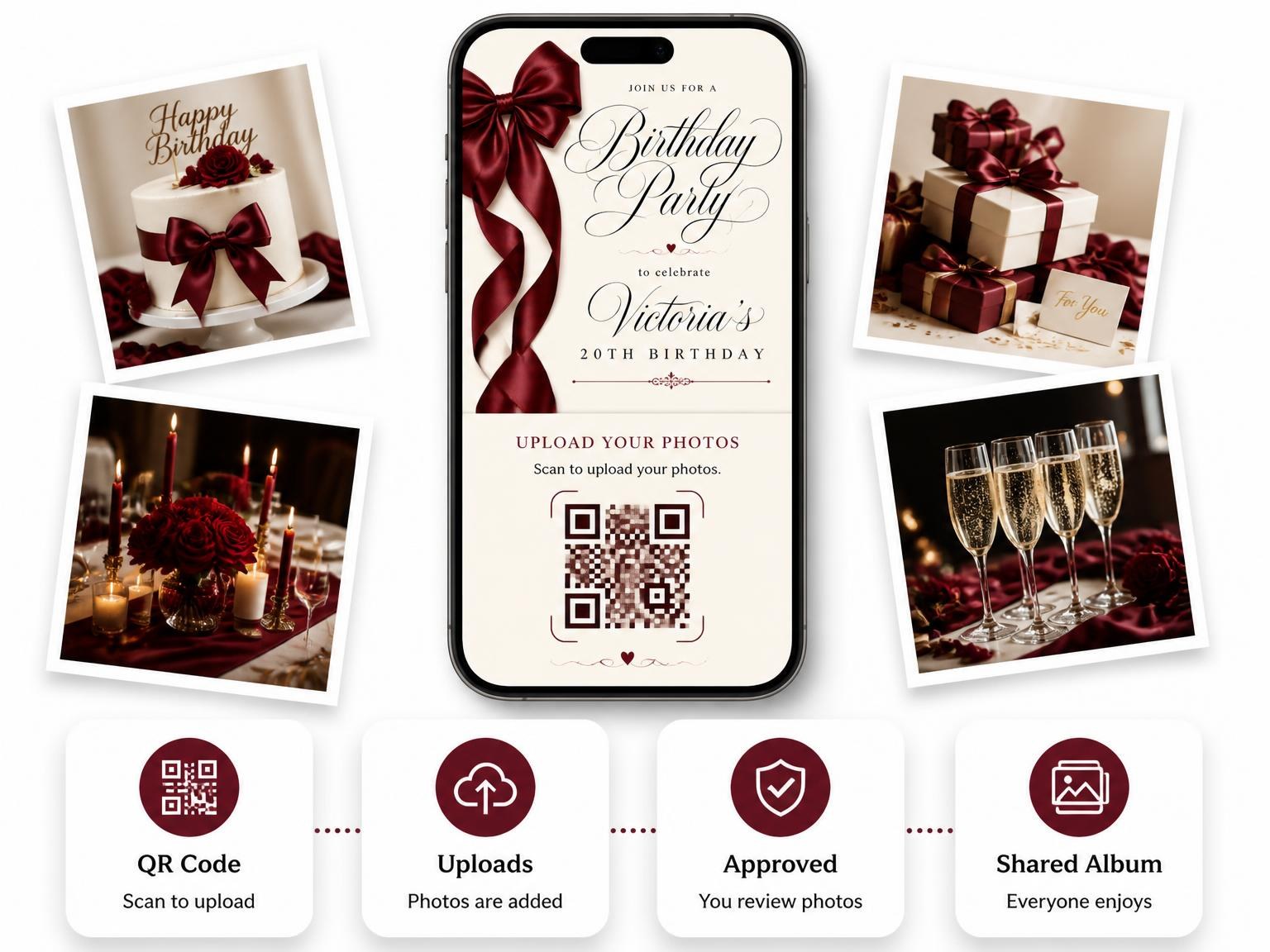 The shared photo gallery that comes with the Burgundy Satin Bow 20th Birthday Invitation invitation