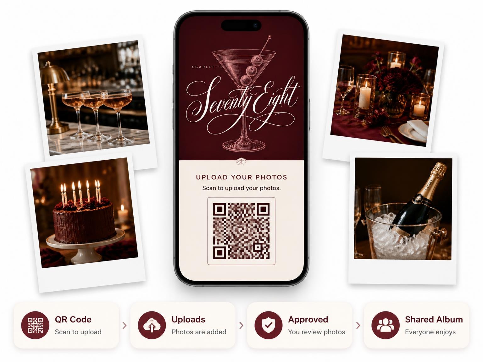 The shared photo gallery that comes with the Burgundy Cocktail 78th Birthday Invitation invitation
