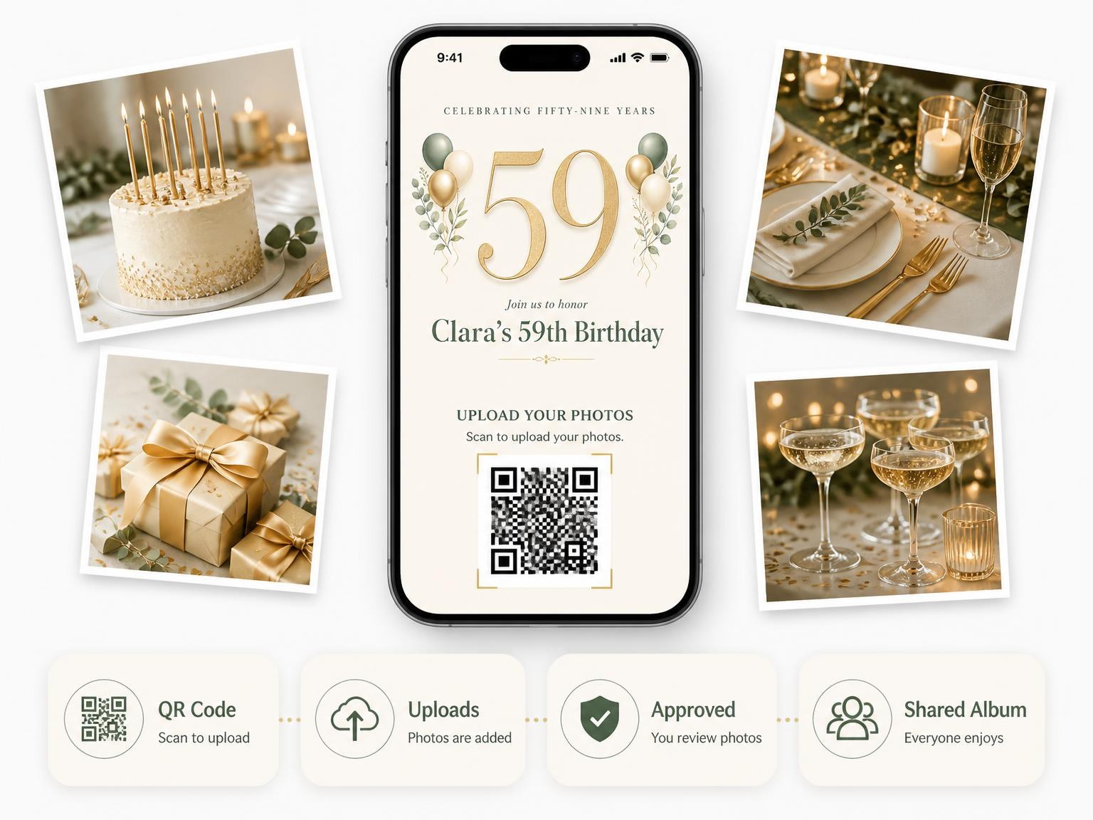 The shared photo gallery that comes with the Sage and Ivory 59th Birthday Invitation invitation