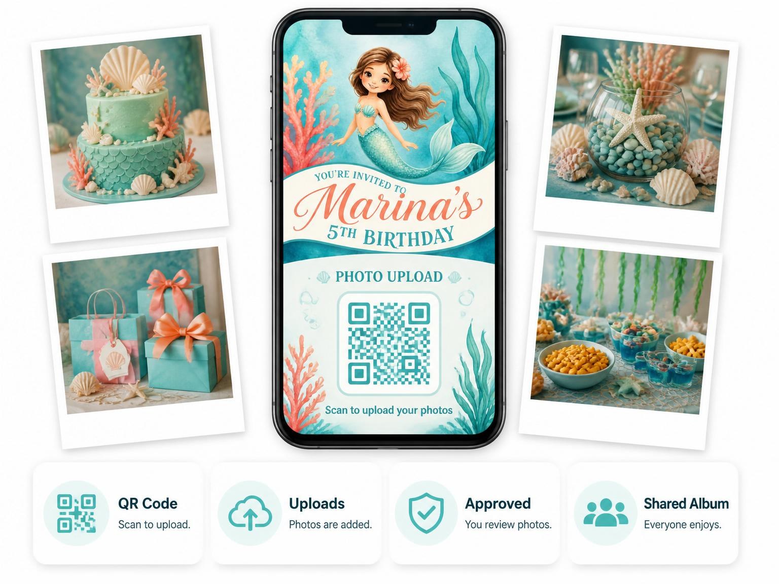 The shared photo gallery that comes with the Watercolor Coral Mermaid 5th Birthday Party invitation